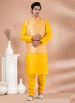 Silk Yellow Wedding Wear Embroidery Work Readymade Modi Jacket Kurta Pajama